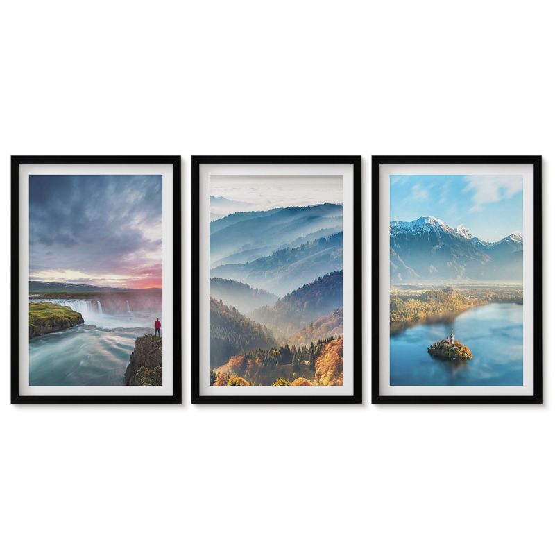 Tryptyk w czarnej ramie Tulup 40x60 cm Górskie krajobrazy wodospady Obrazy w czarnej ramie 1 kpl
