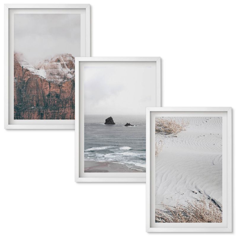 Obraz Ścienny Zestaw Wallfluent Góry chmury morze piasek natura Biała rama 40x60 cm 3 szt.