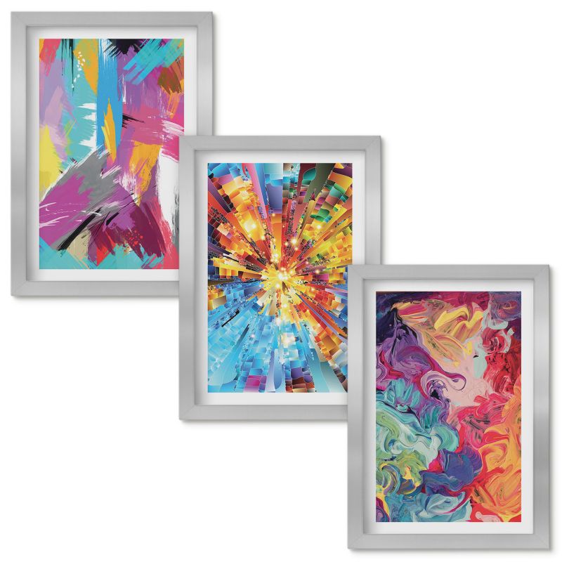 Zestaw obrazów Wallfluent Kolorowe abstrakcje farb wzory Srebrna rama 20x30cm 3 szt.