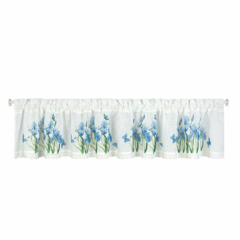 Firana zazdrostka ALA Eurofirany 30 x 150 cm biała etamina z koronką i nadrukiem kwiatów irysów 1 szt.