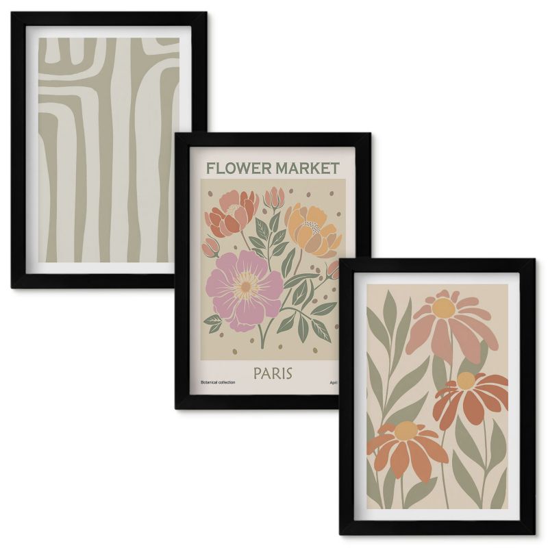 Set Obrazów w Ramie Wallfluent Motywy botaniczne Paris minimalizm Czarna rama 20x30cm 3 szt.