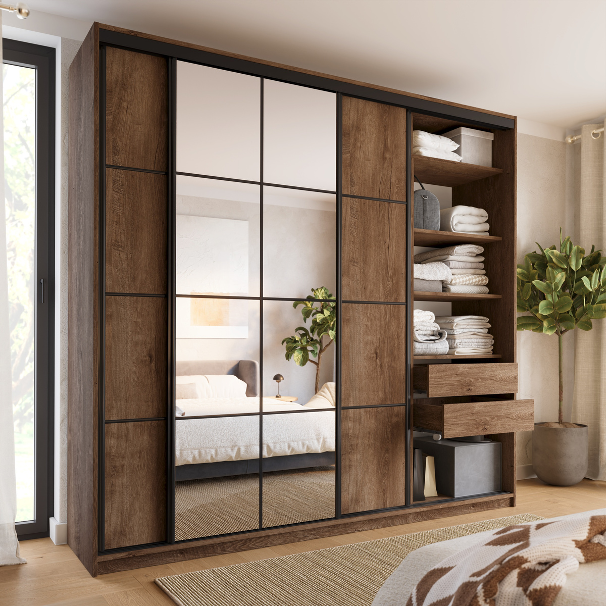 Pojemna szafa przesuwna 250 cm z lustrem i szufladami EDGE MAX