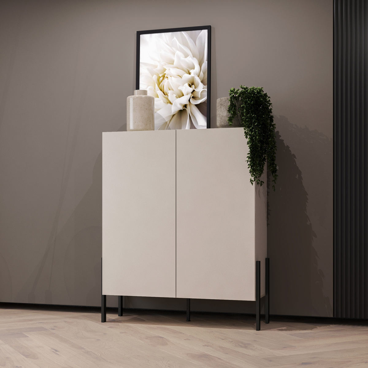 Komoda 114 cm do salonu sypialni lub przedpokoju kaszmir z półkami JUKON