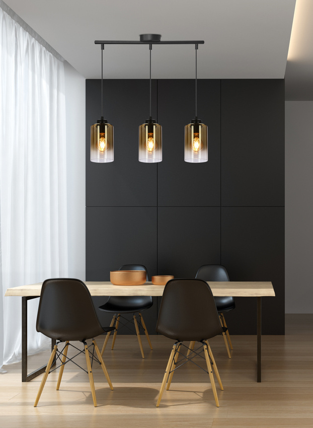 Czarna lampa wisząca 3-punktowa do salonu ASPRA klosz bursztynowy