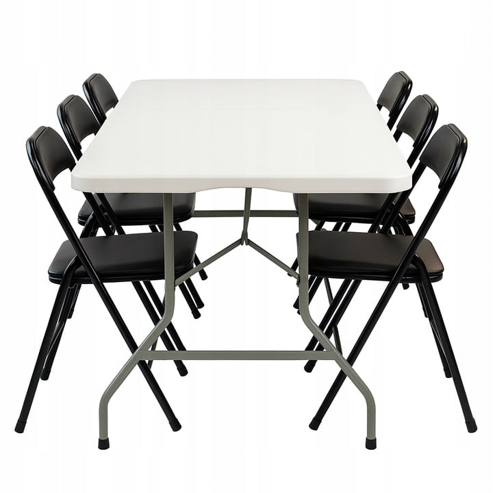 Zestaw cateringowy ogrodowy biały składany - stół 180x74cm + 6 krzeseł Black