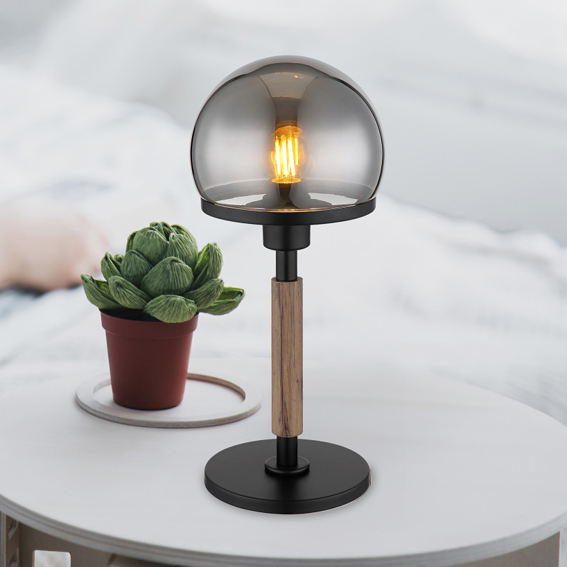 Globo Lighting Haku lampa stołowa 1x40 W czarna-przydymiona-drewno 21954S