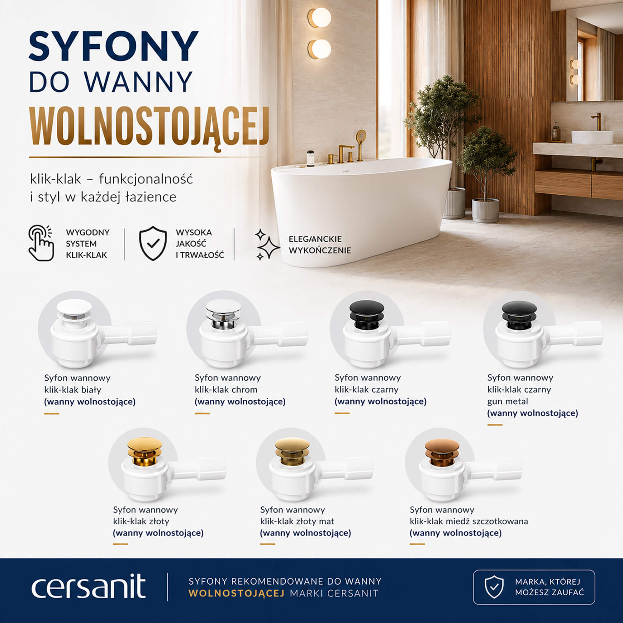 Cersanit Universal syfon wannowy klik-klak czarny gun metal S931-039