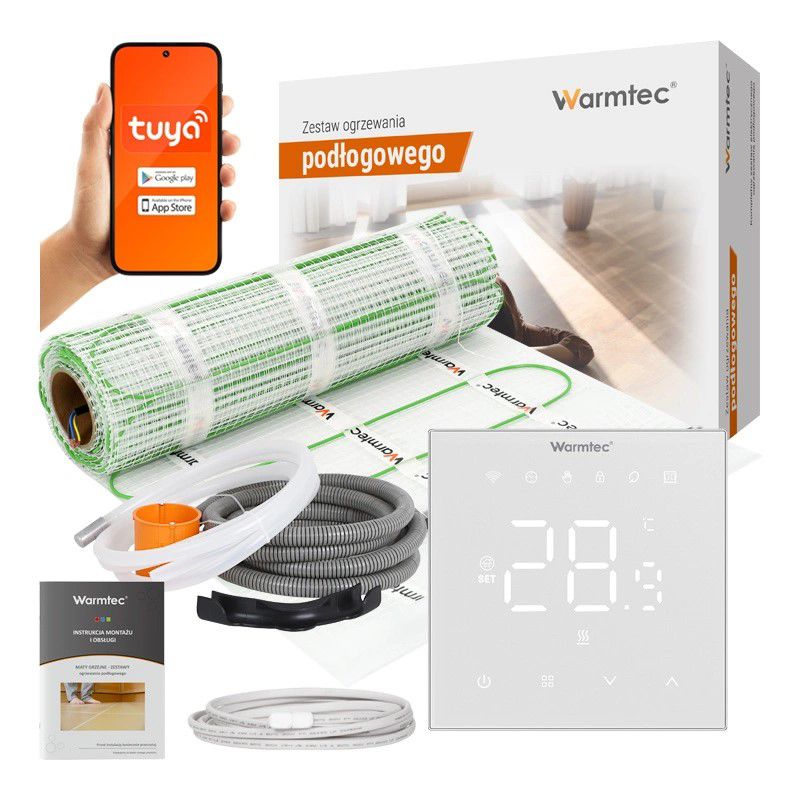 Mata grzewcza grzejna pod płytki Warmtec 1m² 100W/m² Wi-Fi zestaw biały regulator DSE-10/XRT01 1szt.