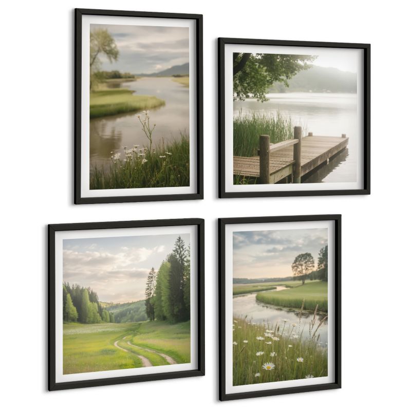 Czteroczęściowy Zestaw Obrazów ArtPrintCave (2x50x50+2x40x60cm) Czarna rama Krajobrazy lata rzeka łąka 1 kpl.