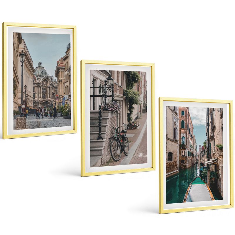 Trzyczęściowy Zestaw Obrazów ArtPrintCave 40x60 cm Złota rama Weneckie uliczki z wodą 1 kpl.