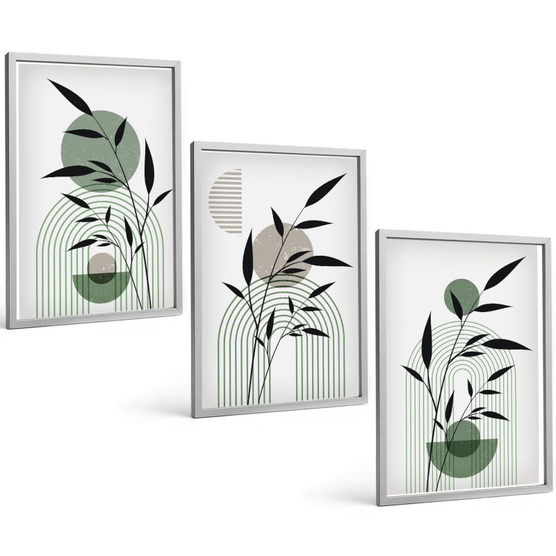 Zestaw Obrazów 3 Częściowy ArtPrintCave Srebrne Ramki 40x60 cm Dekoracja do Sypialni Roślinne kompozycje boho 1 kpl.