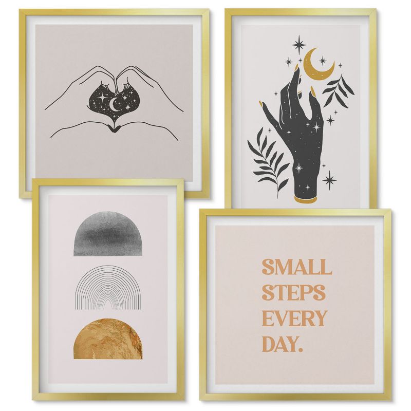 Obrazy Do Sypialni Wallfluent Minimalistyczne boho ilustracje Złota rama 4 szt.