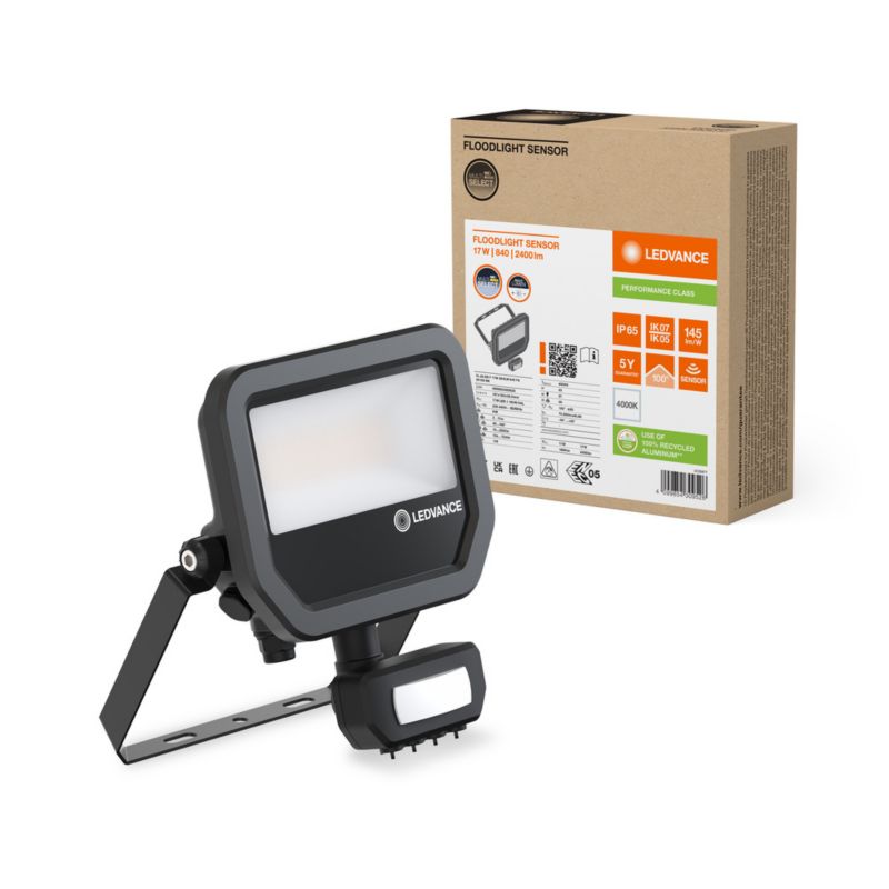 Naświetlacz Floodlight LED Ledvance Reflektor Zewnętrzny Lampa 17W 2400lm 4000K IP65 Czarny z Czujnikiem Ruchu i Zmierzchu 1 szt.