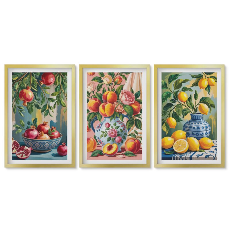 Seria obrazów 3 sztuki Tulup 40x60 cm Owocowe kompozycje granatów Obrazy w złotej ramie 1 kpl
