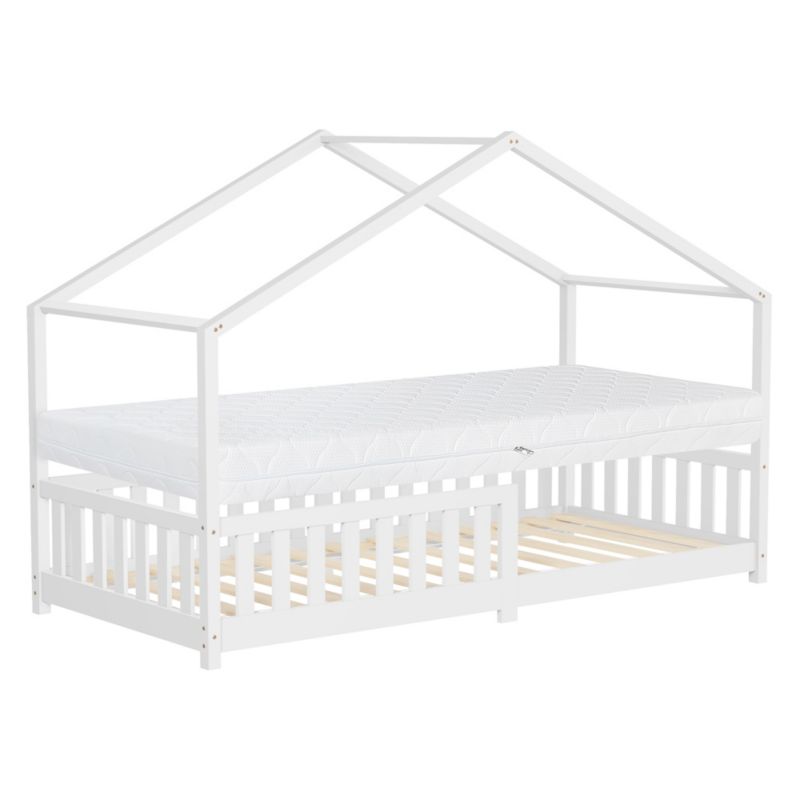 Łóżko dziecięce ML Design domek 90x200 cm białe z materacem 16 cm oferuje dach ramę listew barierkę przed upadkiem maluszka 1 szt