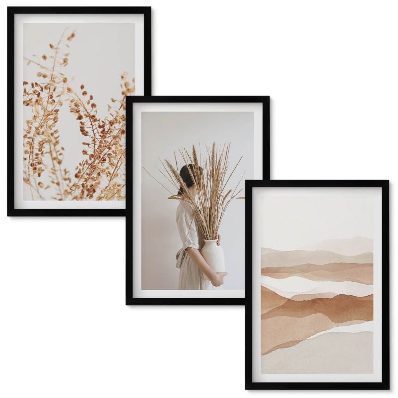 Obrazy do Salonu Wallfluent Roślinne motywy rustykalne boho Czarna rama 40x60 cm 3 szt.