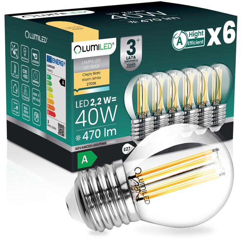 Żarówka LED Lumiled E27 Kulka P45 2.2W 470lm 2700K 360st Filament Klasa A 6 szt.