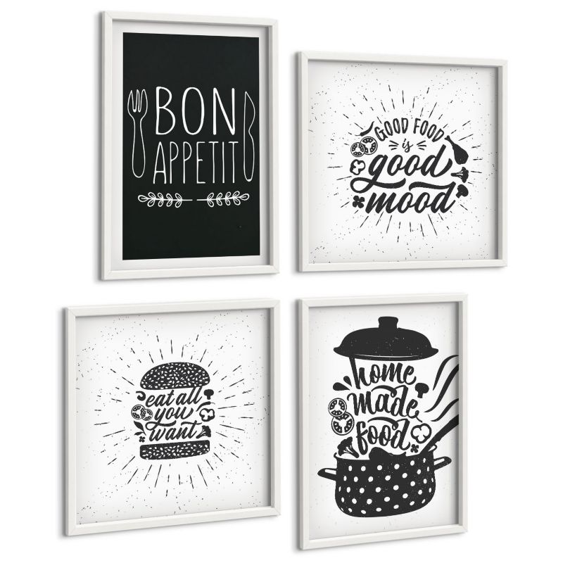 Komplet 4 Obrazów ArtPrintCave (2x50x50+2x40x60cm) Biała rama Grafika jedzenie hasła kulinarne 1 kpl.