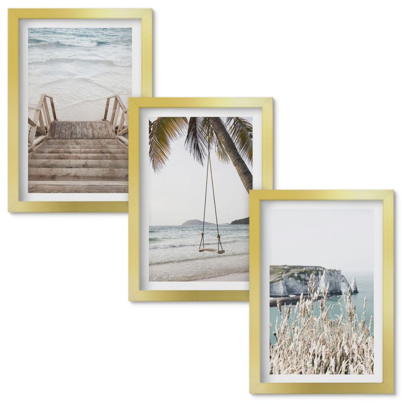 Zestaw Obrazów w Ramie Wallfluent Plaża drewniane schody huśtawka Złota rama 20x30cm 3 szt.
