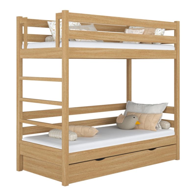 Dębowe łóżko N-WOOD piętrowe z szufladą N03 dąb naturalny 90x180 1szt.
