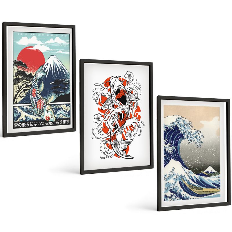 Komplet 3 Obrazów w Czarnej Ramie ArtPrintCave 40x60 cm Grafika Ścienna Góry ryby Wielka Fala Japonia 1 kpl.