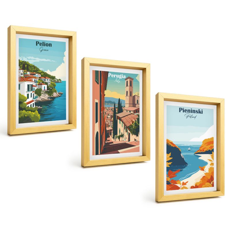 Galeria 3 Obrazów w Złotej Ramie ArtPrintCave 20x30 cm Komplet ścienny Malownicze retro krajobrazy 1 kpl.