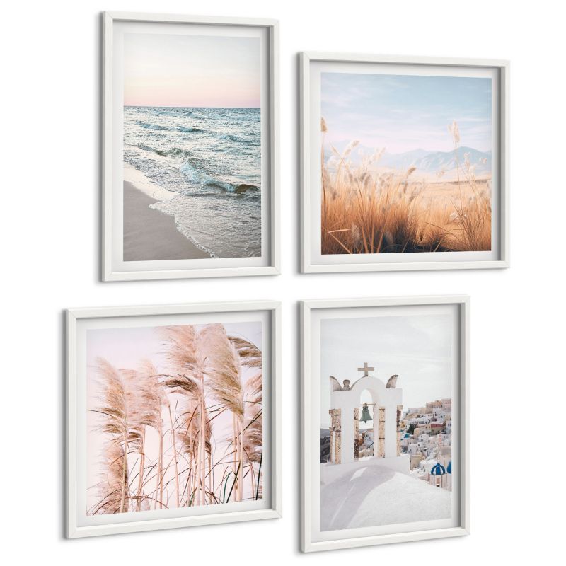 Galeria 4 Obrazów ArtPrintCave (2x50x50+2x40x60cm) Biała rama Rośliny fale morza widok domy 1 kpl.