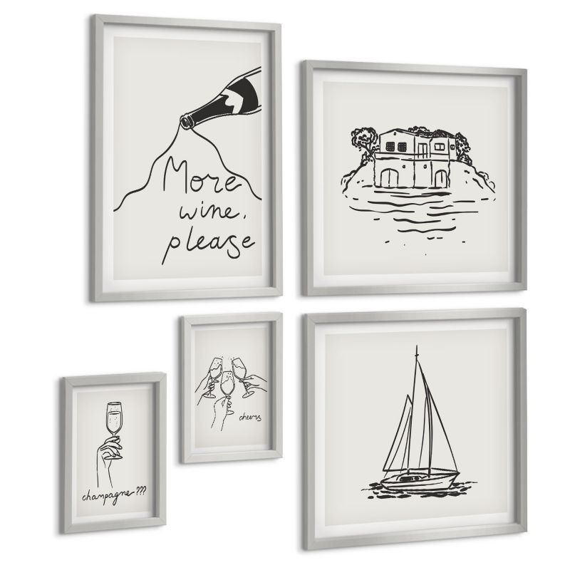 Komplet 5 Obrazów ArtPrintCave (2x50x50+2x20x30+40x60cm) Srebrna rama Radosne chwile z winem szampan 1 kpl.