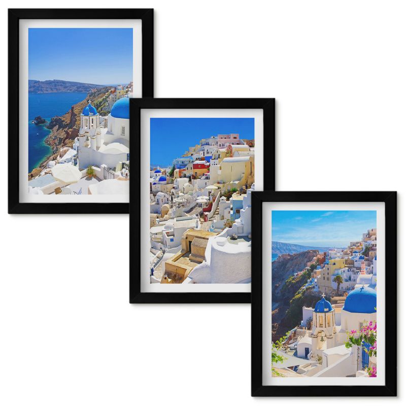 Zestaw Obrazów w Ramie Wallfluent Krajobraz architektura Oia Santorini Czarna rama 20x30cm 3 szt.