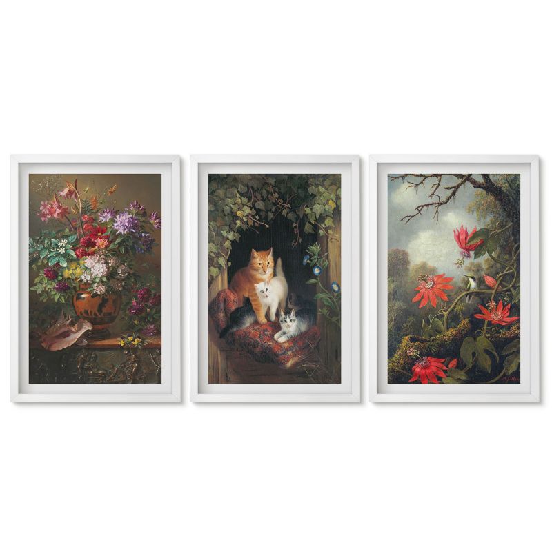 Zestaw 3 obrazów pionowych Tulup 40x60 cm Vintage kwiaty koty natura Obrazy nad biurko zestaw biała rama 1 kpl
