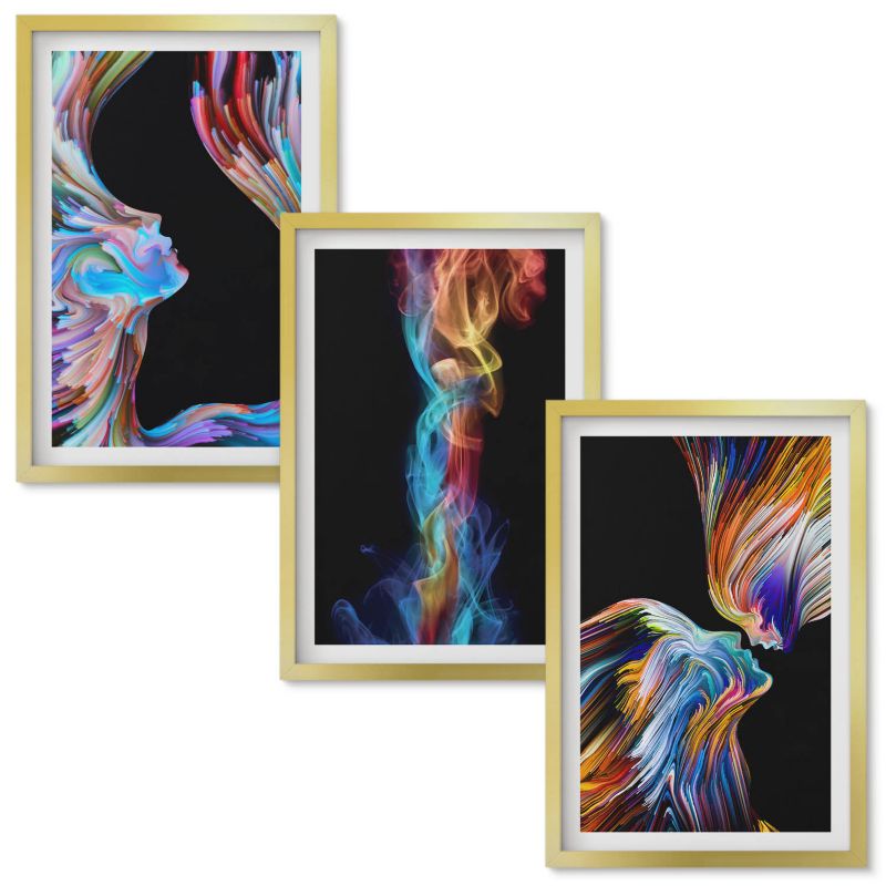 Set Obrazów w Ramie Wallfluent Kolorowe twarze abstrakcje Złota rama 40x60 cm 3 szt.