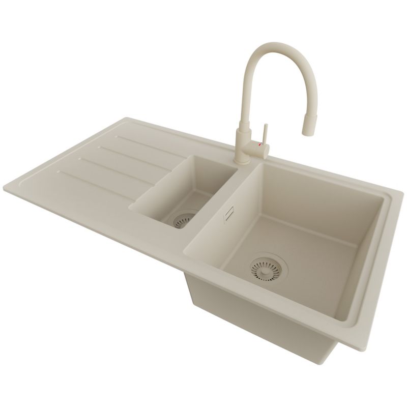 Zlewozmywak Granitowy Kopenhaga Duo PRIMAGRAN Nablatowy 90x50cm do Szafki od 60cm, Cały Beżowy + Bateria + Syfon, S034, 1 szt.