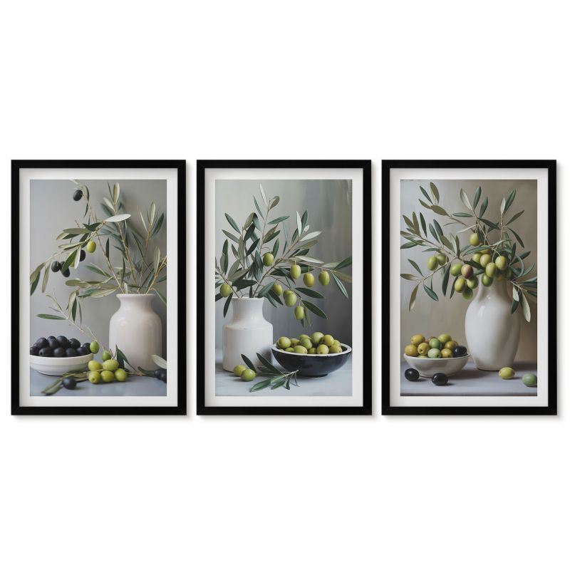 Tryptyk w czarnej ramie Tulup 40x60 cm Oliwki w wazonach szarość Dekoracja ścienna do przedpokoju 1 kpl