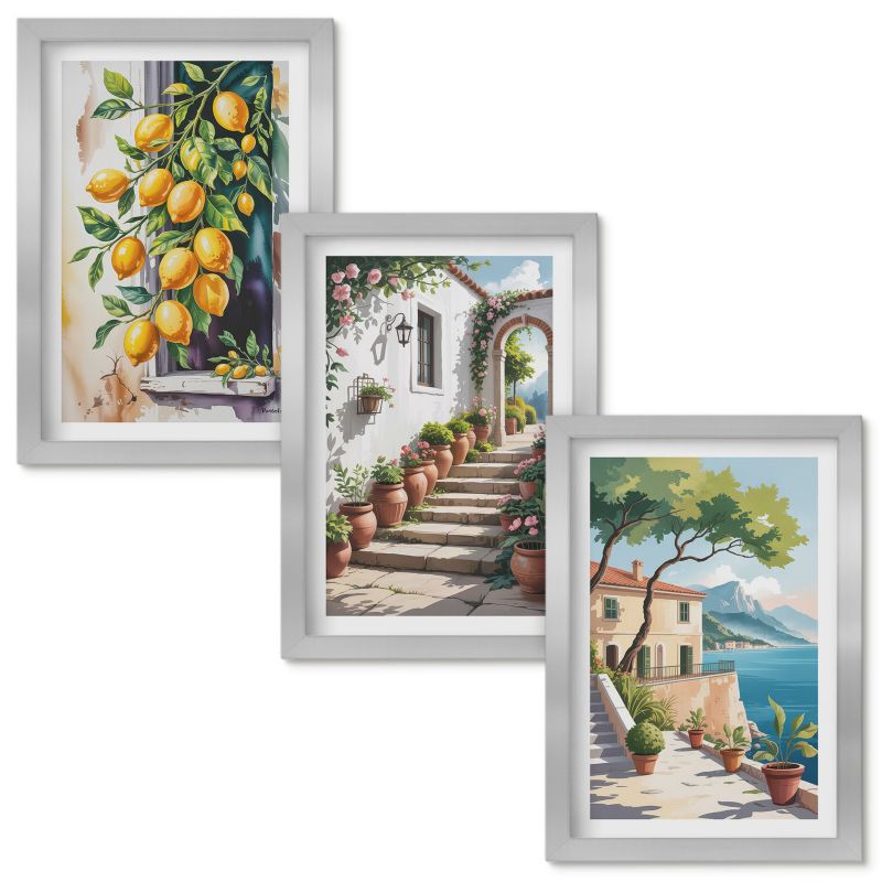 Obraz Ścienny Zestaw Wallfluent Cytryny kwiaty widoki morze Srebrna rama 20x30cm 3 szt.