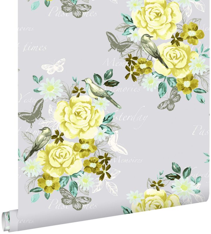 Tapeta ESTAhome kwiaty i ptaki żółtym 53 cm x 10.05 m - 1 rol.