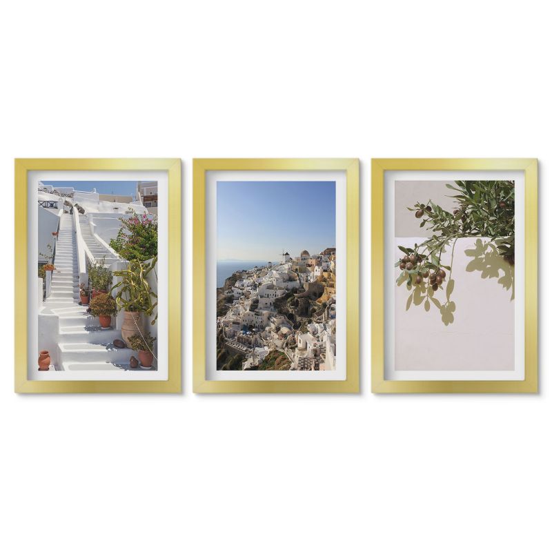 Zestaw 3 obrazów w złotych ramach Tulup 20x30 cm Białe schody Santorini widok Stylowa galeria nad biurko 1 kpl
