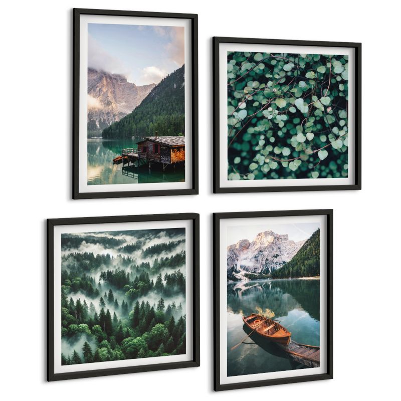 Galeria 4 Obrazów ArtPrintCave (2x50x50+2x40x60cm) Czarna rama Górskie jezioro łódka mgła 1 kpl.