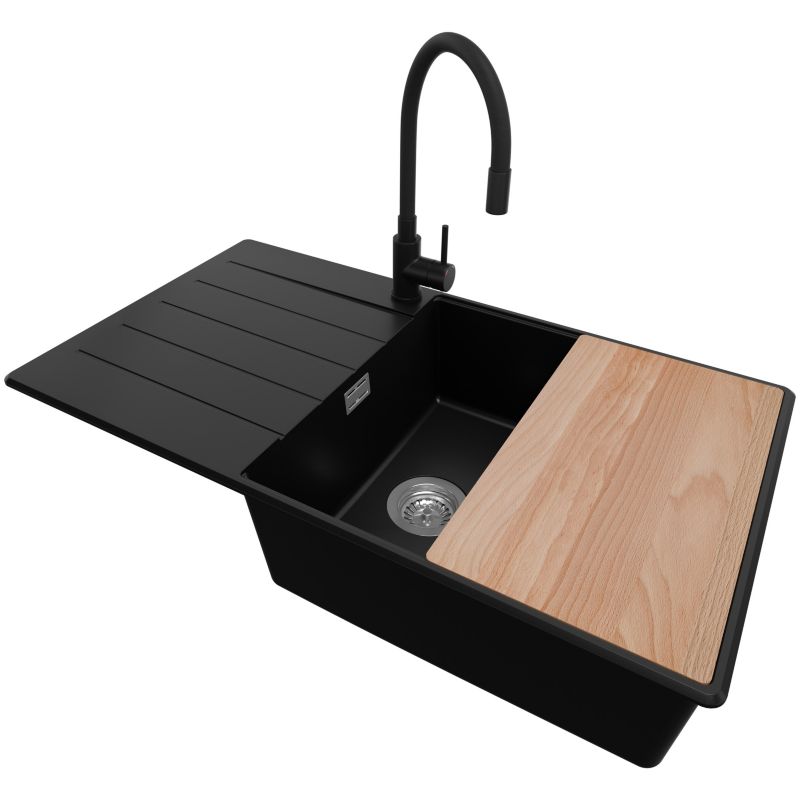 Zlewozmywak Granitowy Kopenhaga Top PRIMAGRAN Nablatowy 90x50cm do Szafki od 60cm, Czarny + Bateria + Syfon + Deska, S741, 1 szt.