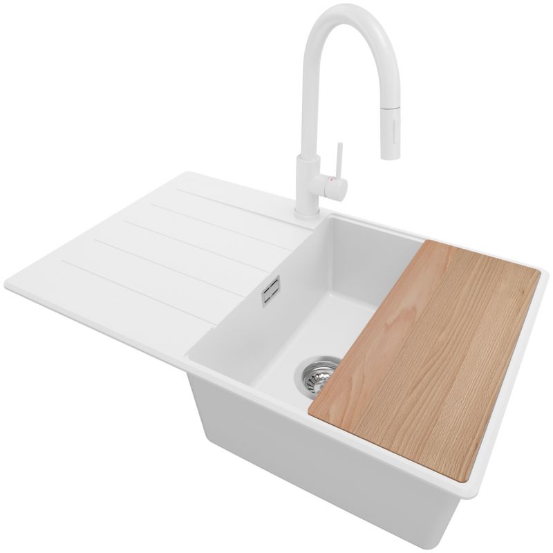 Zlewozmywak Granitowy Kopenhaga Top PRIMAGRAN Nablatowy 78x50cm do Szafki od 50cm, Biały + Bateria + Syfon + Deska, S547, 1 szt.