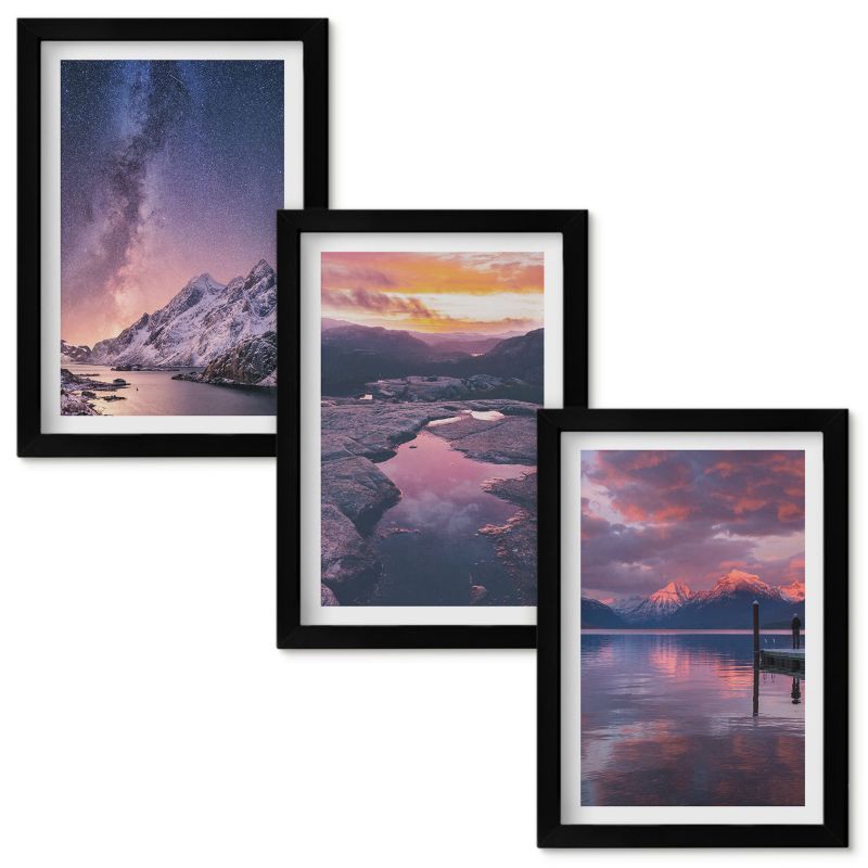 Zestaw obrazów Wallfluent Góry woda piękne krajobrazy Czarna rama 20x30cm 3 szt.