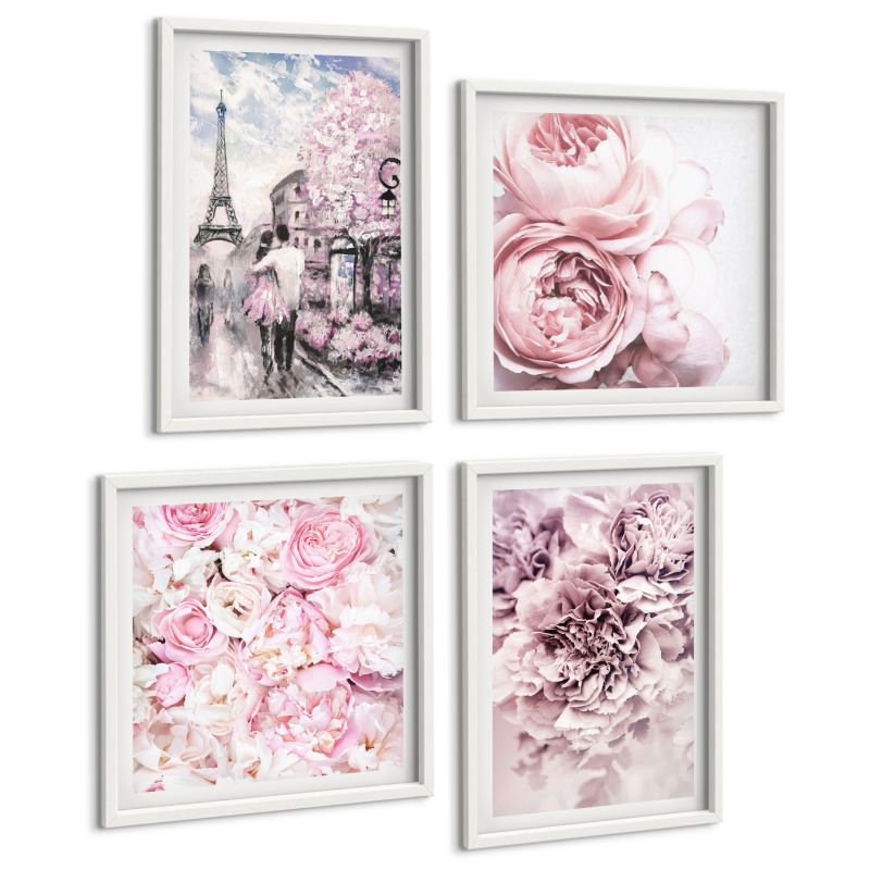 Zestaw Obrazów 4 Częściowy ArtPrintCave (2x50x50+2x40x60cm) Biała rama Kwiaty różowy krajobraz romantyczny 1 kpl.