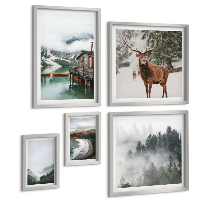 Galeria 5 Obrazów ArtPrintCave (2x50x50+2x20x30+40x60cm) Srebrna rama Górskie plaże chmury woda 1 kpl.