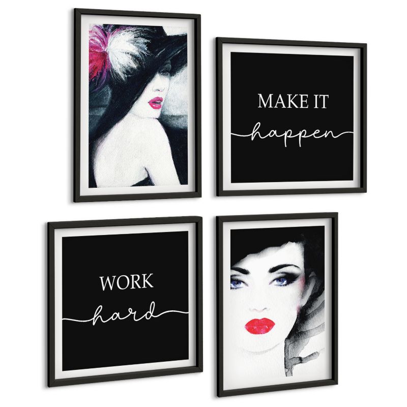 Galeria 4 Obrazów ArtPrintCave (2x50x50+2x40x60cm) Czarna rama Portrety kobiet z ustami 1 kpl.