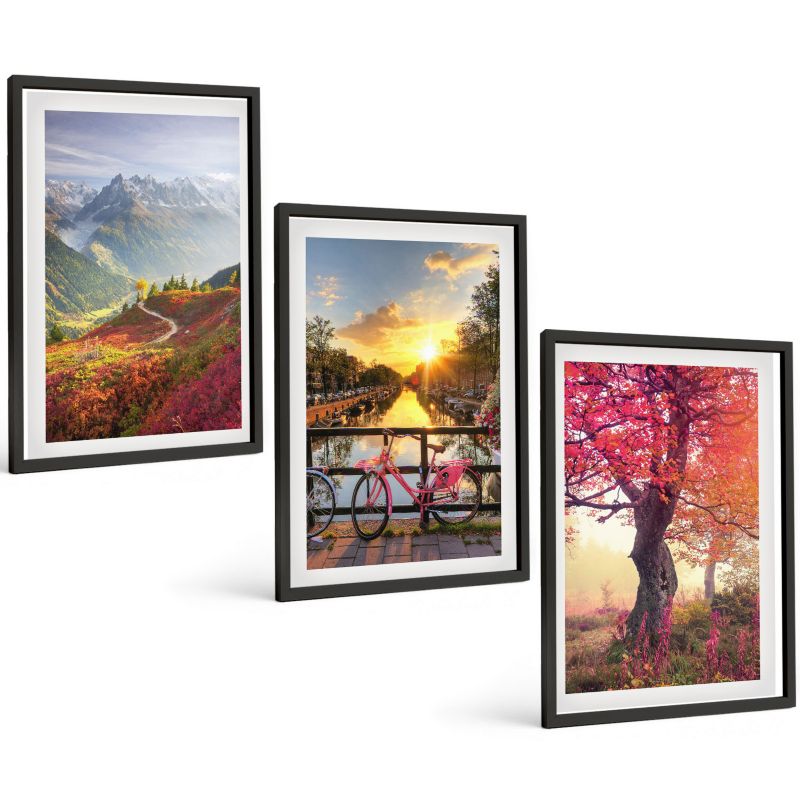 Komplet 3 Obrazów w Czarnej Ramie ArtPrintCave 40x60 cm Grafika Ścienna Górskie krajobrazy rowerem 1 kpl.