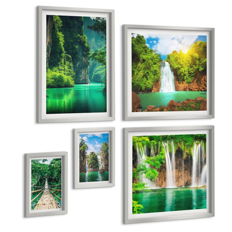 Komplet 5 Obrazów ArtPrintCave (2x50x50+2x20x30+40x60cm) Srebrna rama Jezioro góry łodzie chata 1 kpl.