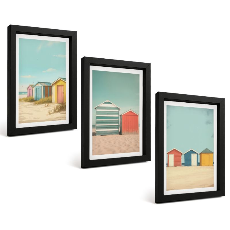 Komplet 3 Obrazów w Czarnej Ramie ArtPrintCave 20x30 cm Grafika Ścienna Kolorowe domki plaża słońce 1 kpl.