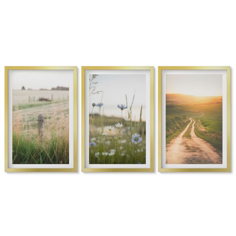 Zestaw 3 obrazów w złotej ramie Tulup 40x60 cm Krajobrazy natury pola ścieżka Obrazy do kuchni w ramie 1 kpl