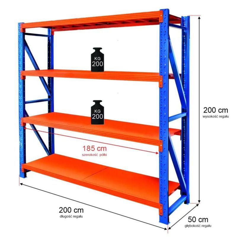 Regał metalowy magazynowy warsztatowy Mega-M Fortis Light 4-półkowy 200x50x200 cm moduł bazowy 1szt.