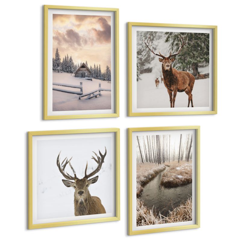 Czteroczęściowy Zestaw Obrazów ArtPrintCave (2x50x50+2x40x60cm) Złota rama Zimowy krajobraz z jeleniem 1 kpl.