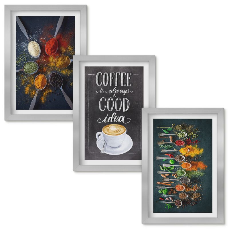 Obrazy Do Sypialni Wallfluent Przyprawy kawa zioła wzory Srebrna rama 20x30cm 3 szt.